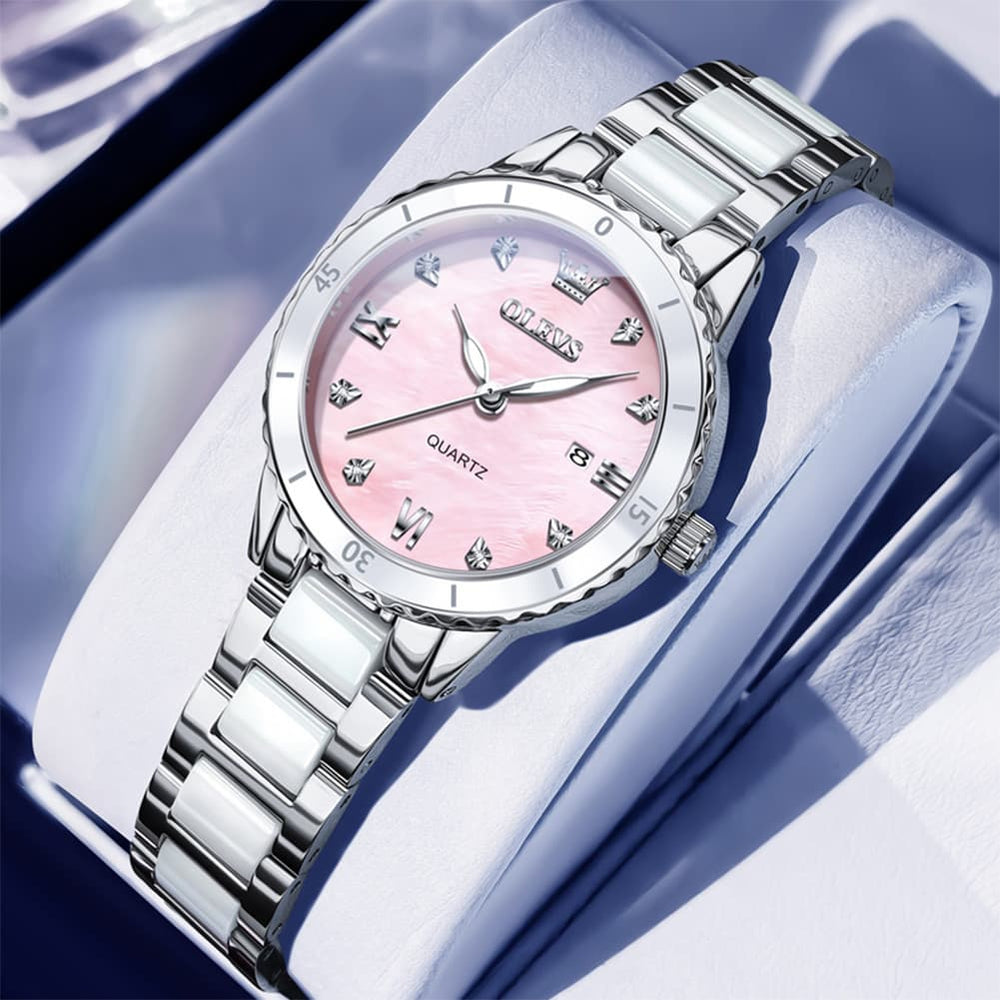 OLEVS 9985 Two Tone Ceramic Bracelet Quartz Watch for Women - Silver Pink Watch | Olevs Watch Store