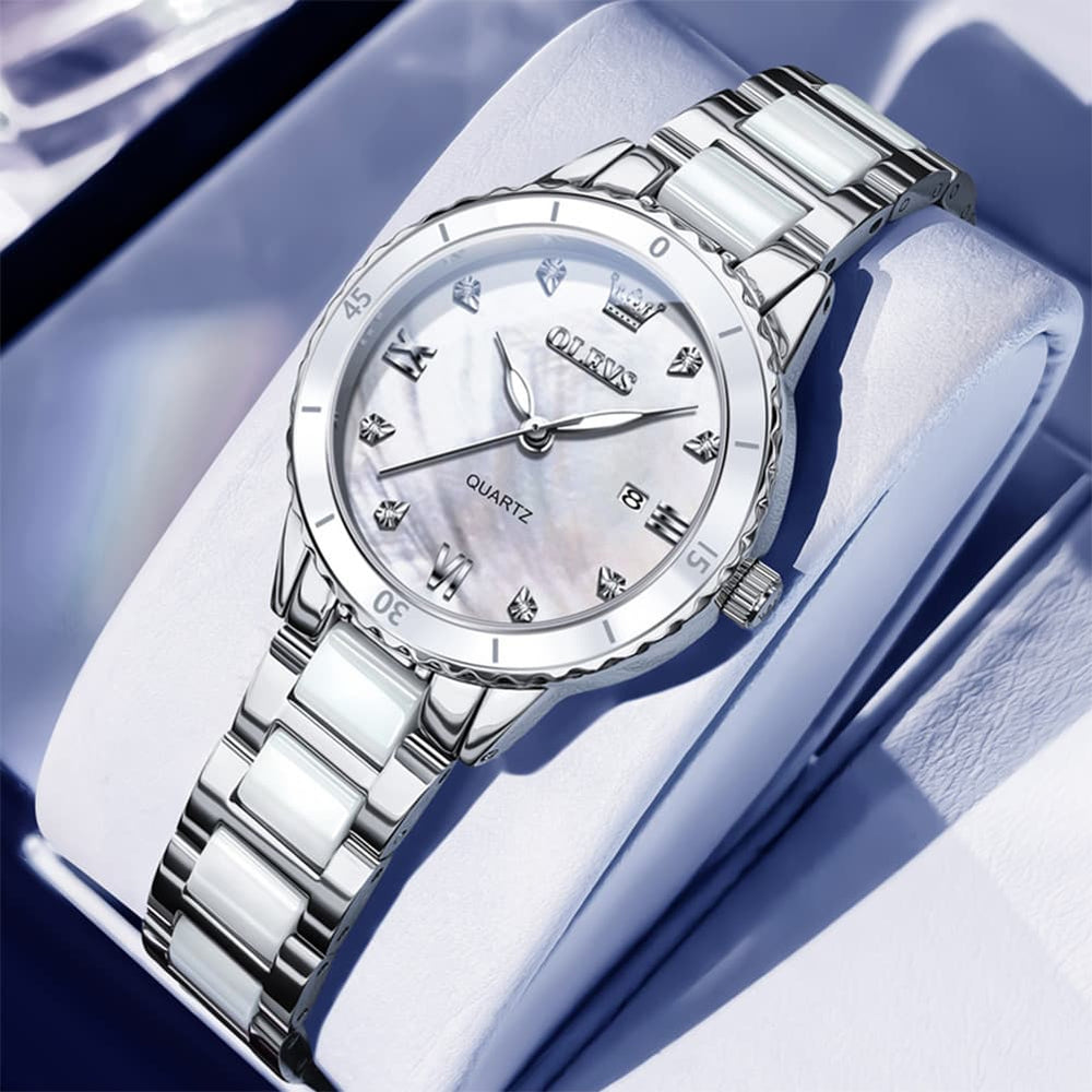 OLEVS 9985 Two Tone Ceramic Bracelet Quartz Watch for Women - Silver White Watch | Olevs Watch Store