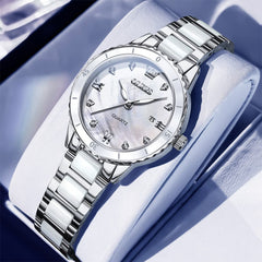 OLEVS 9985 Two Tone Ceramic Bracelet Quartz Watch for Women - Silver White Watch | Olevs Watch Store