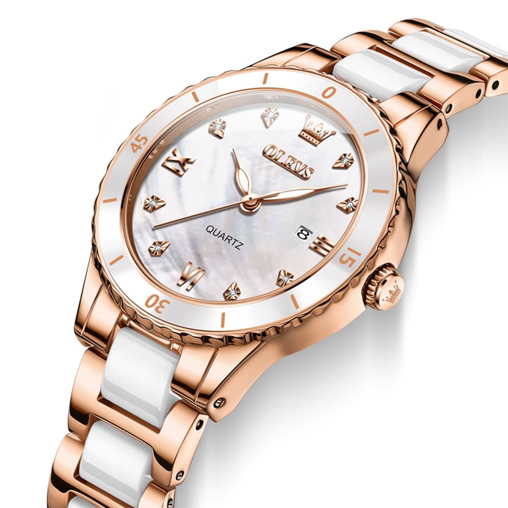 OLEVS 9985 Two Tone Ceramic Bracelet Quartz Watch for Women - Silver White Watch | Olevs Watch Store
