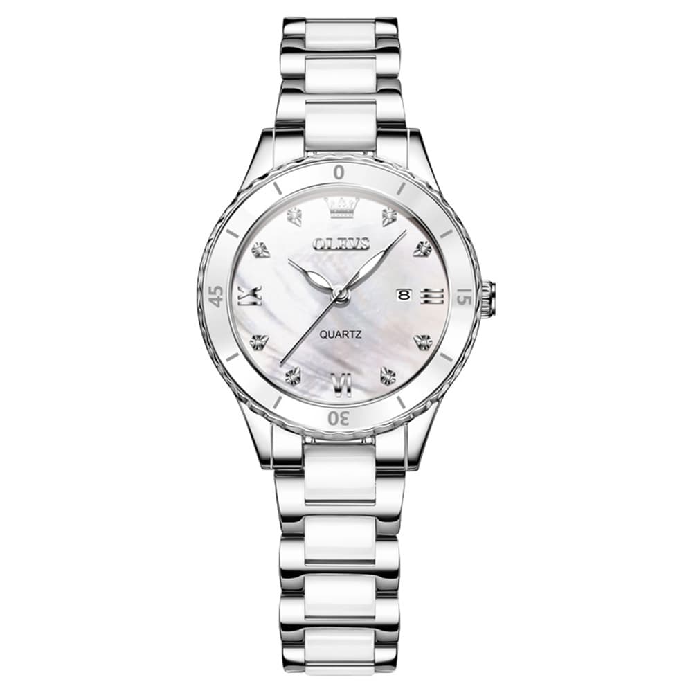OLEVS 9985 Two Tone Ceramic Bracelet Quartz Watch for Women - Silver White Watch | Olevs Watch Store