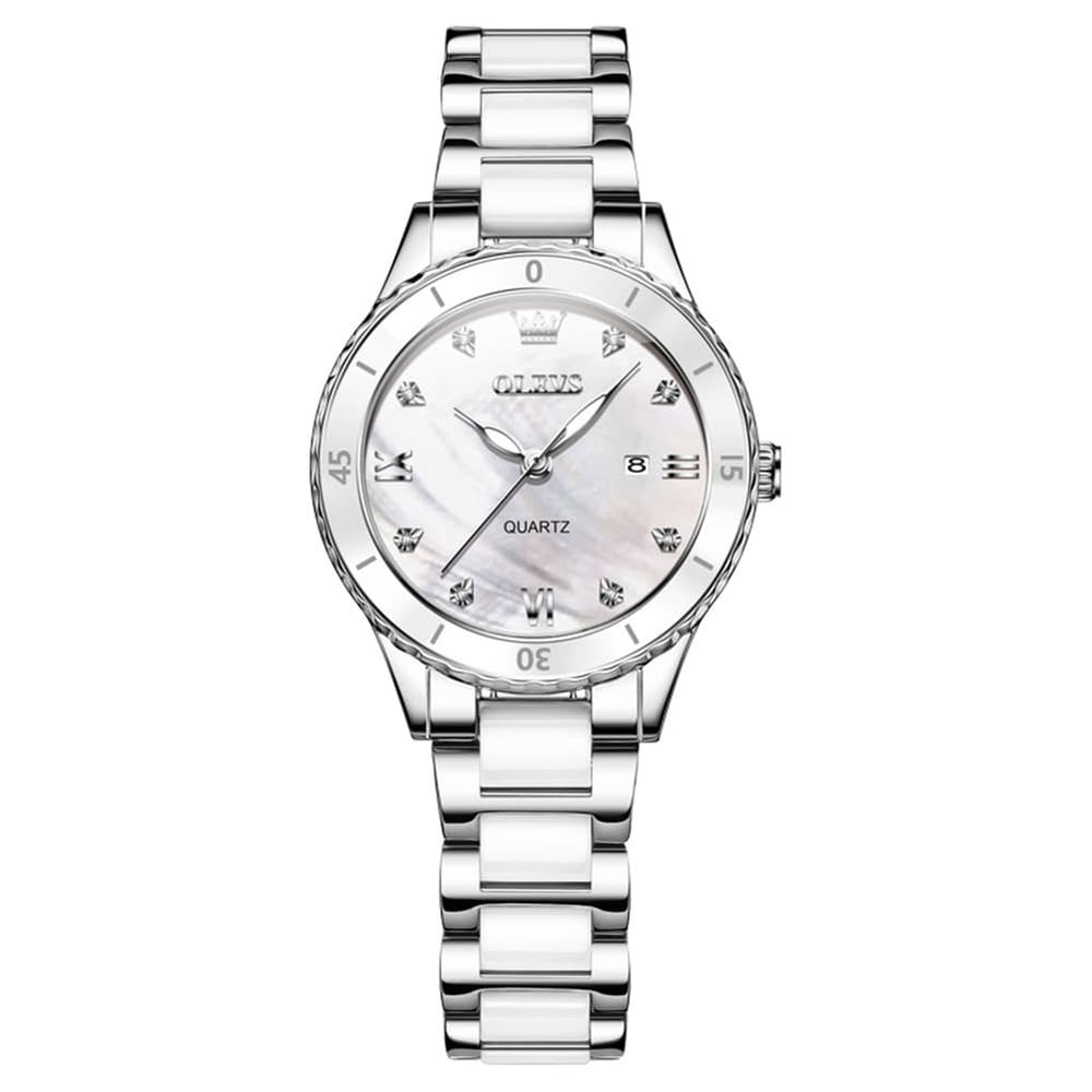 OLEVS 9985 Two Tone Ceramic Bracelet Quartz Watch for Women - Silver White Watch | Olevs Watch Store