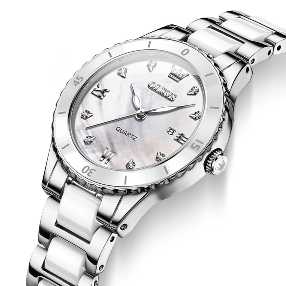 OLEVS 9985 Two Tone Ceramic Bracelet Quartz Watch for Women - Silver White Watch | Olevs Watch Store