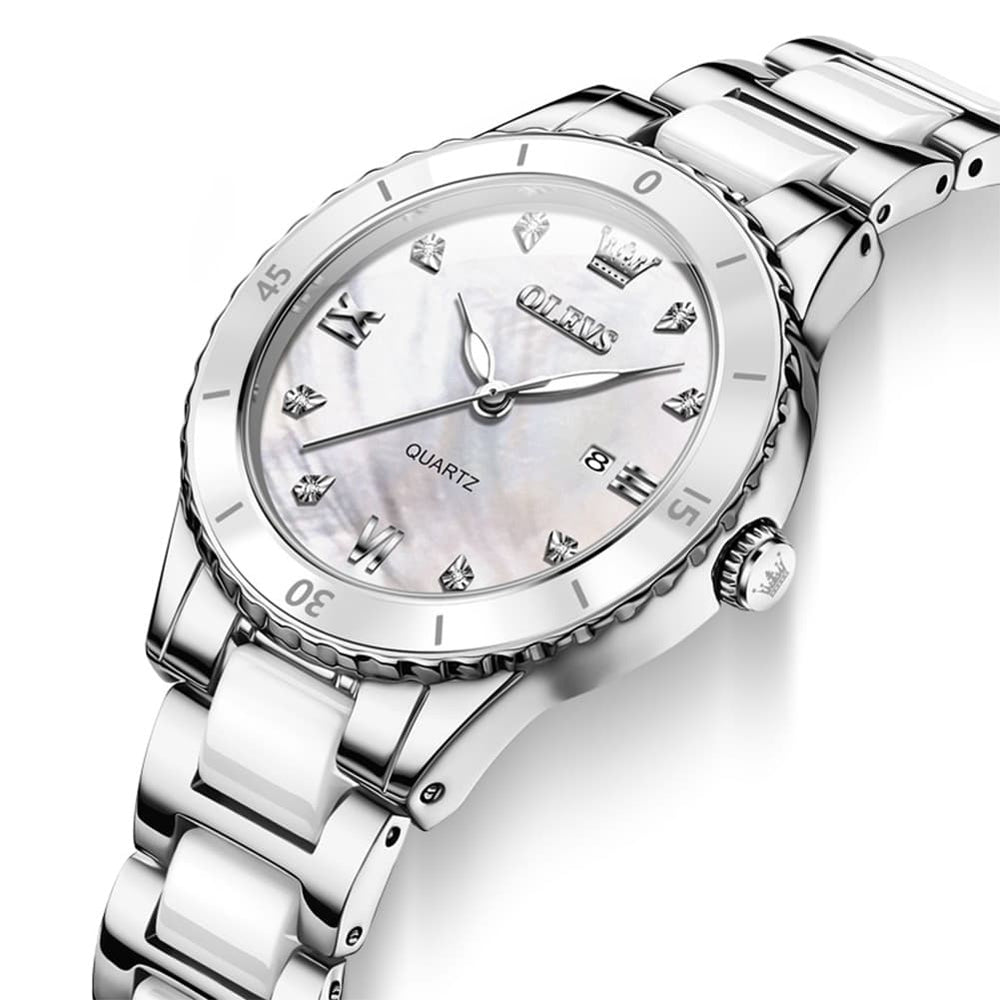 OLEVS 9985 Two Tone Ceramic Bracelet Quartz Watch for Women - Silver White Watch | Olevs Watch Store