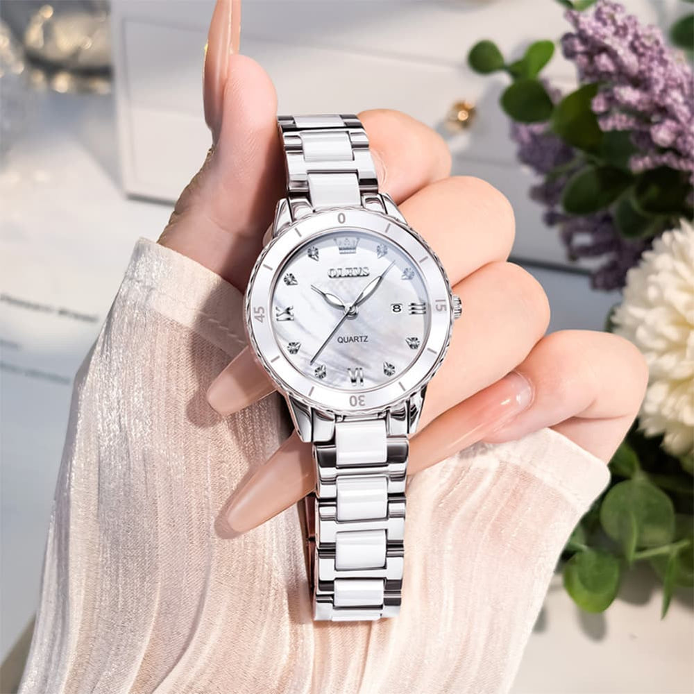 OLEVS 9985 Two Tone Ceramic Bracelet Quartz Watch for Women - Silver White Watch | Olevs Watch Store