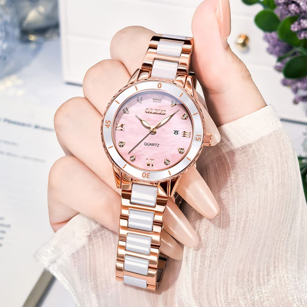 OLEVS 9985 Two Tone Ceramic Bracelet Quartz Watch for Women - Silver White Watch | Olevs Watch Store