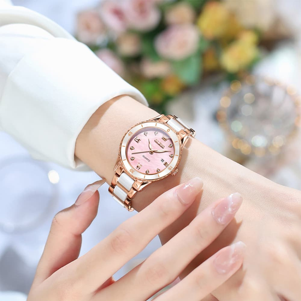 OLEVS 9985 Two Tone Ceramic Bracelet Quartz Watch for Women - Silver White Watch | Olevs Watch Store