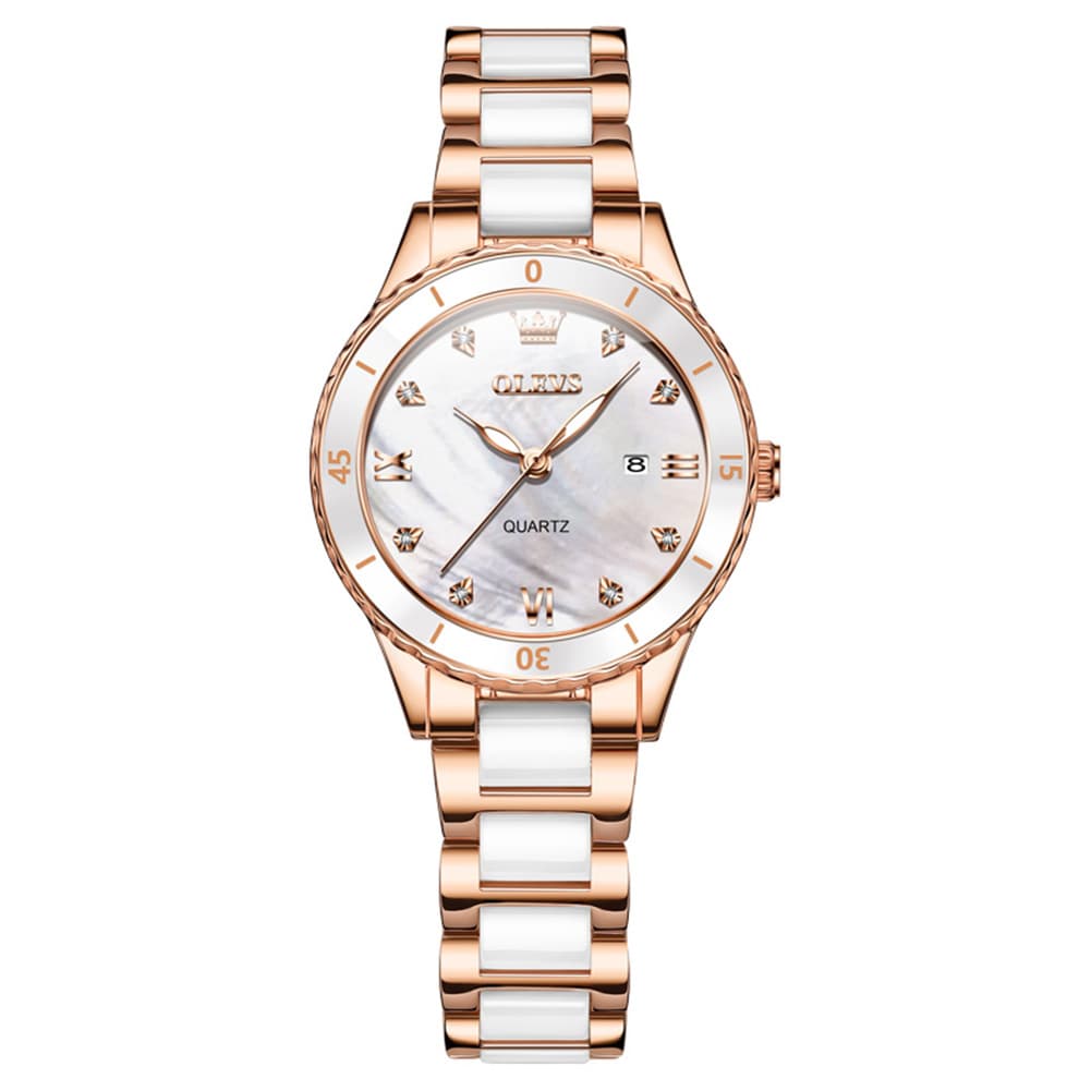 OLEVS 9985 Two Tone Ceramic Bracelet Quartz Watch for Women - Silver White Watch | Olevs Watch Store