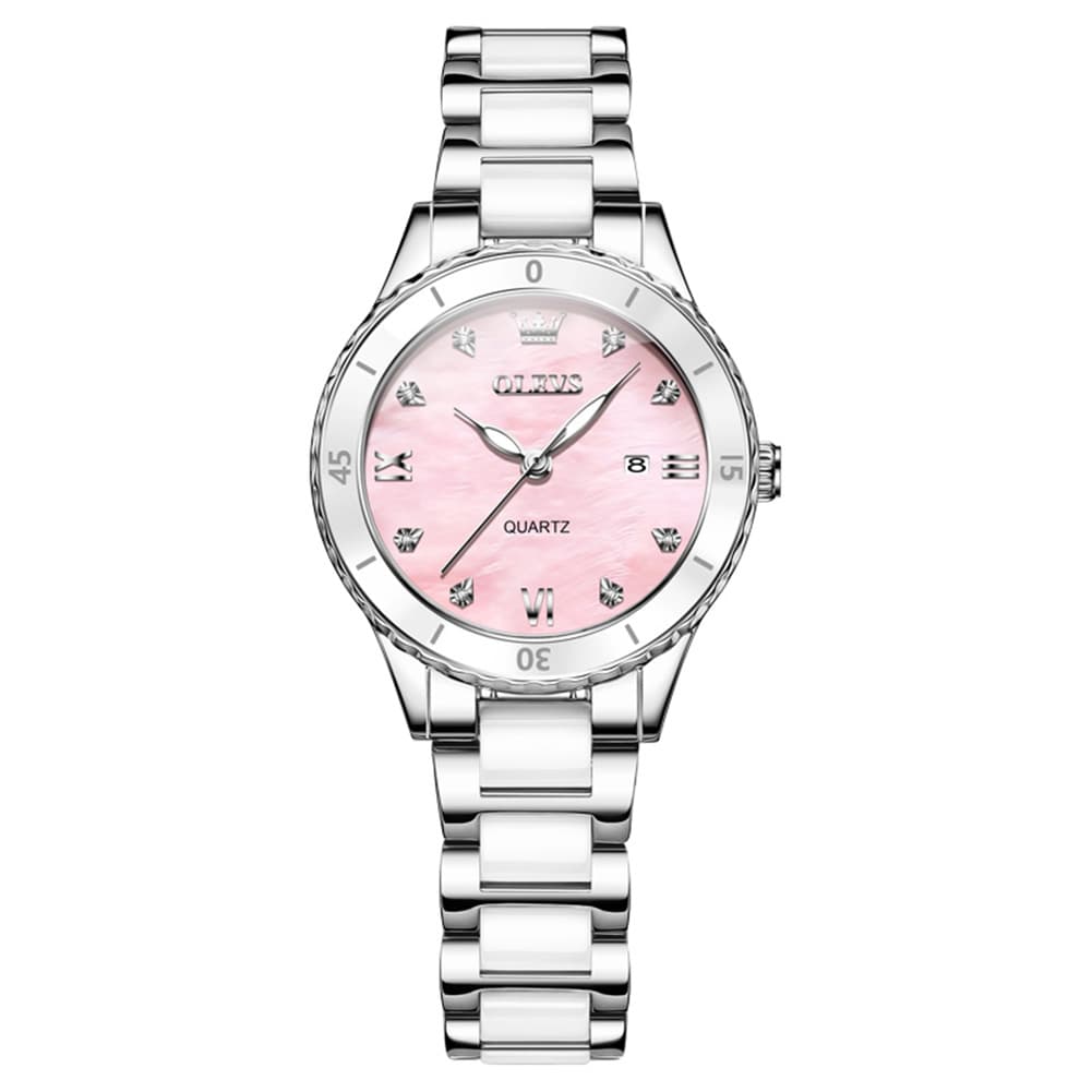 OLEVS 9985 Two Tone Ceramic Bracelet Quartz Watch for Women - Silver White Watch | Olevs Watch Store