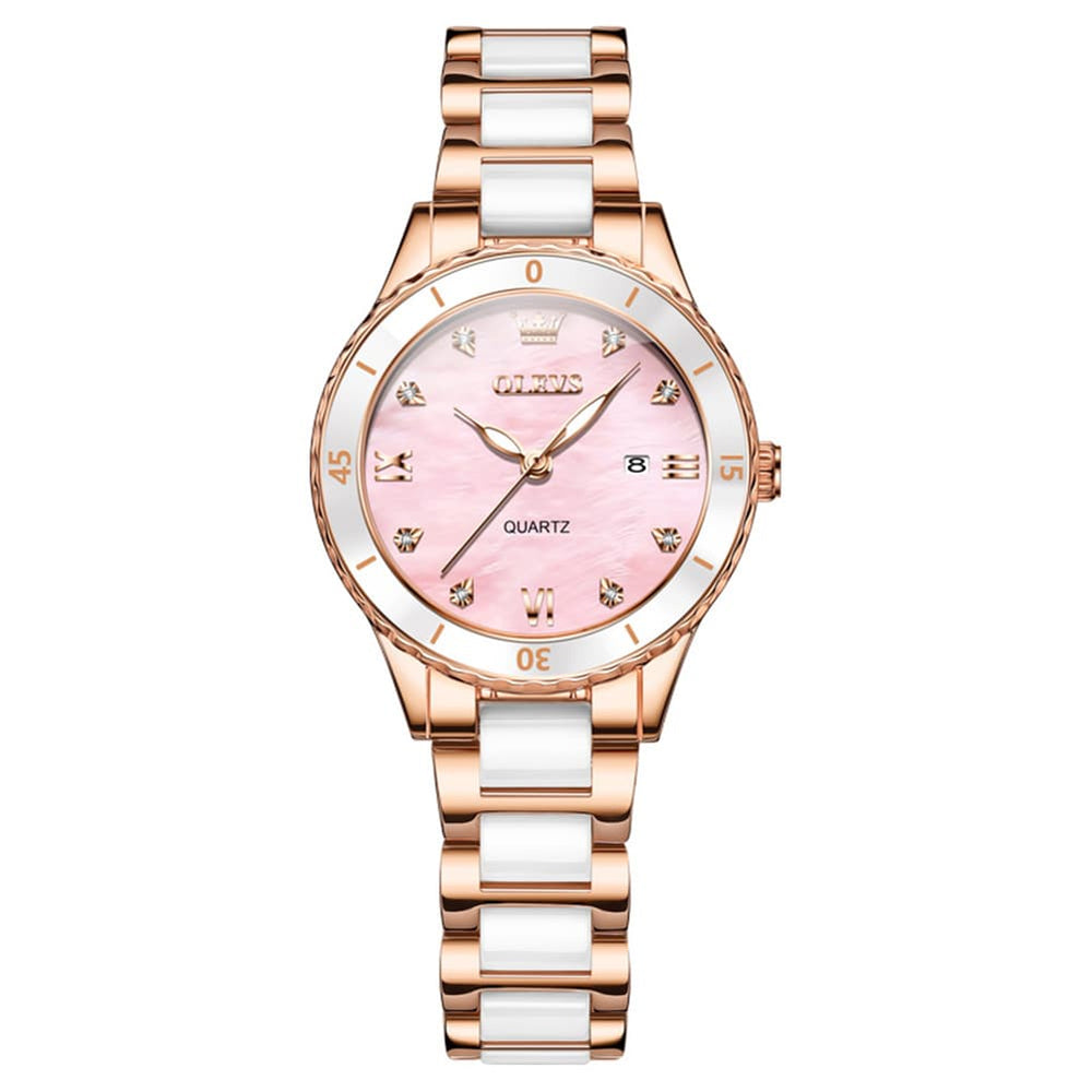 OLEVS 9985 Two Tone Ceramic Bracelet Quartz Watch for Women - Silver White Watch | Olevs Watch Store