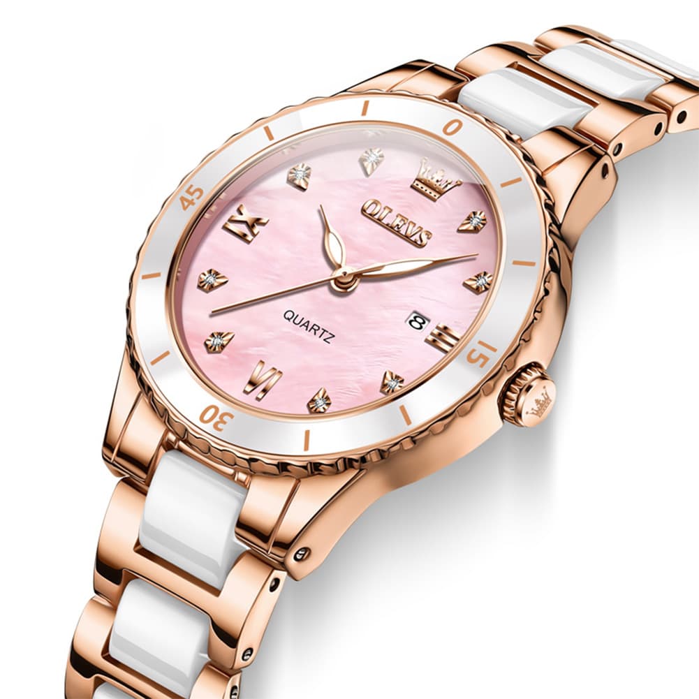 OLEVS 9985 Two Tone Ceramic Bracelet Quartz Watch for Women - Silver White Watch | Olevs Watch Store