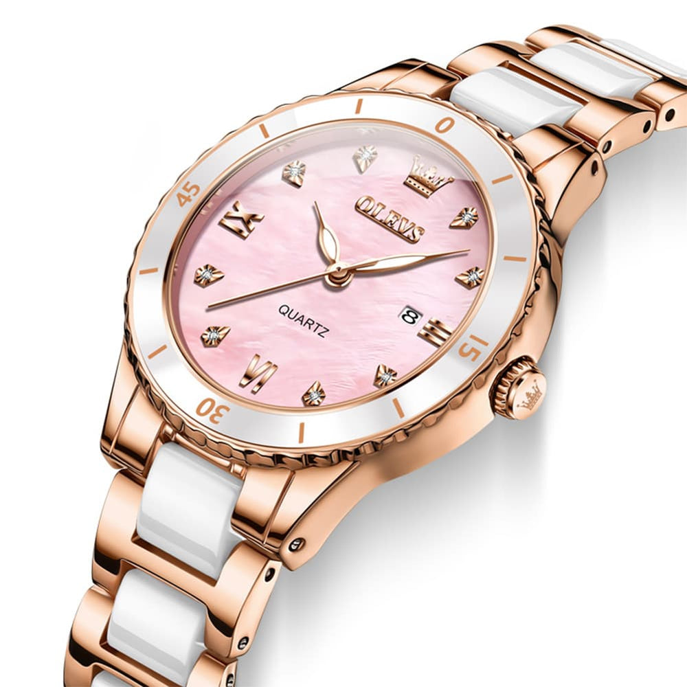 OLEVS 9985 Two Tone Ceramic Bracelet Quartz Watch for Women - Silver White Watch | Olevs Watch Store