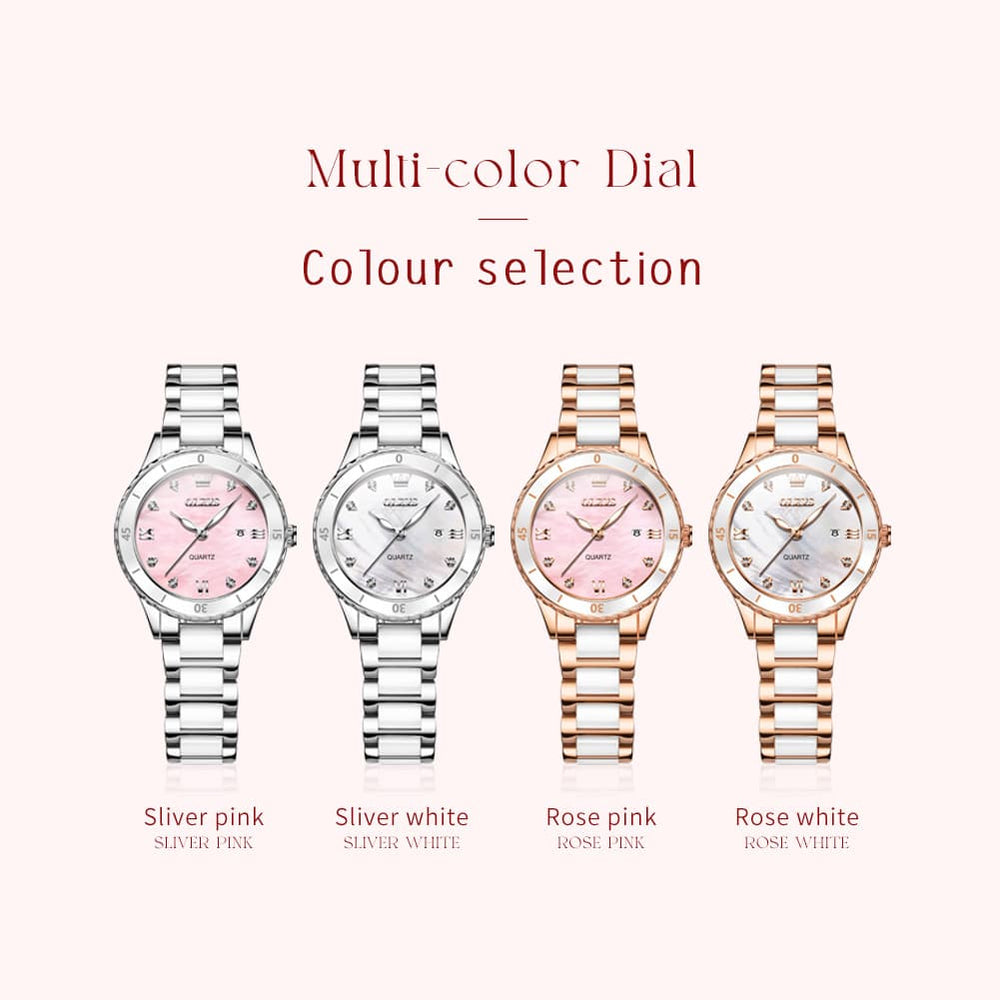 OLEVS 9985 Two Tone Ceramic Bracelet Quartz Watch for Women - Silver White Watch | Olevs Watch Store