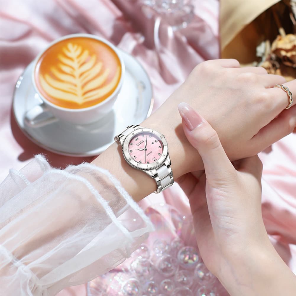 OLEVS 9985 Two Tone Ceramic Bracelet Quartz Watch for Women - Silver White Watch | Olevs Watch Store