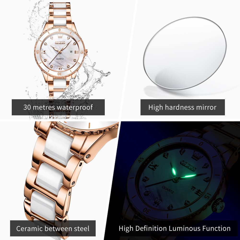 OLEVS 9985 Two Tone Ceramic Bracelet Quartz Watch for Women - Silver White Watch | Olevs Watch Store