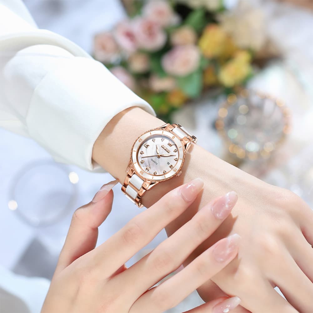 OLEVS 9985 Two Tone Ceramic Bracelet Quartz Watch for Women - Silver White Watch | Olevs Watch Store