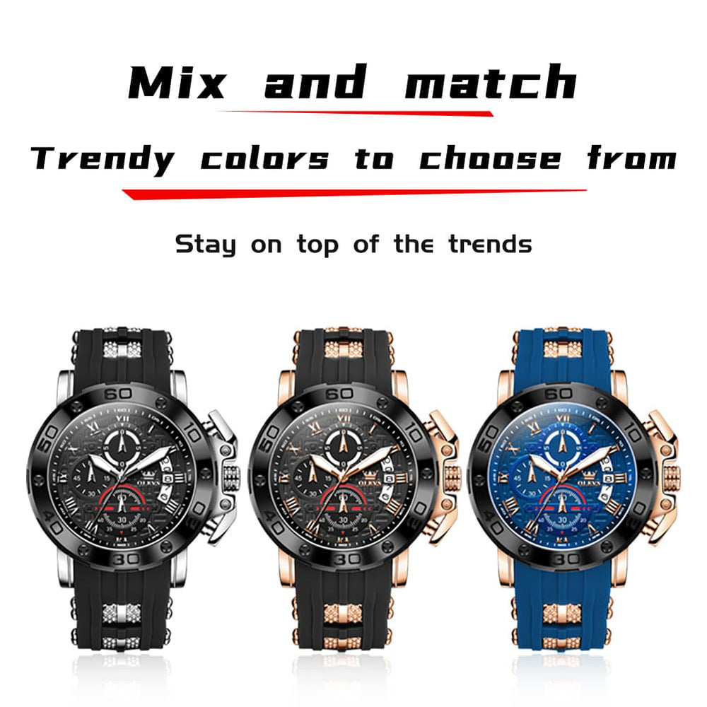 OLEVS 9986 Oversized Chronograph Silicone Strap Watch for Men - Rose Gold Black Watch | Olevs Watch Store
