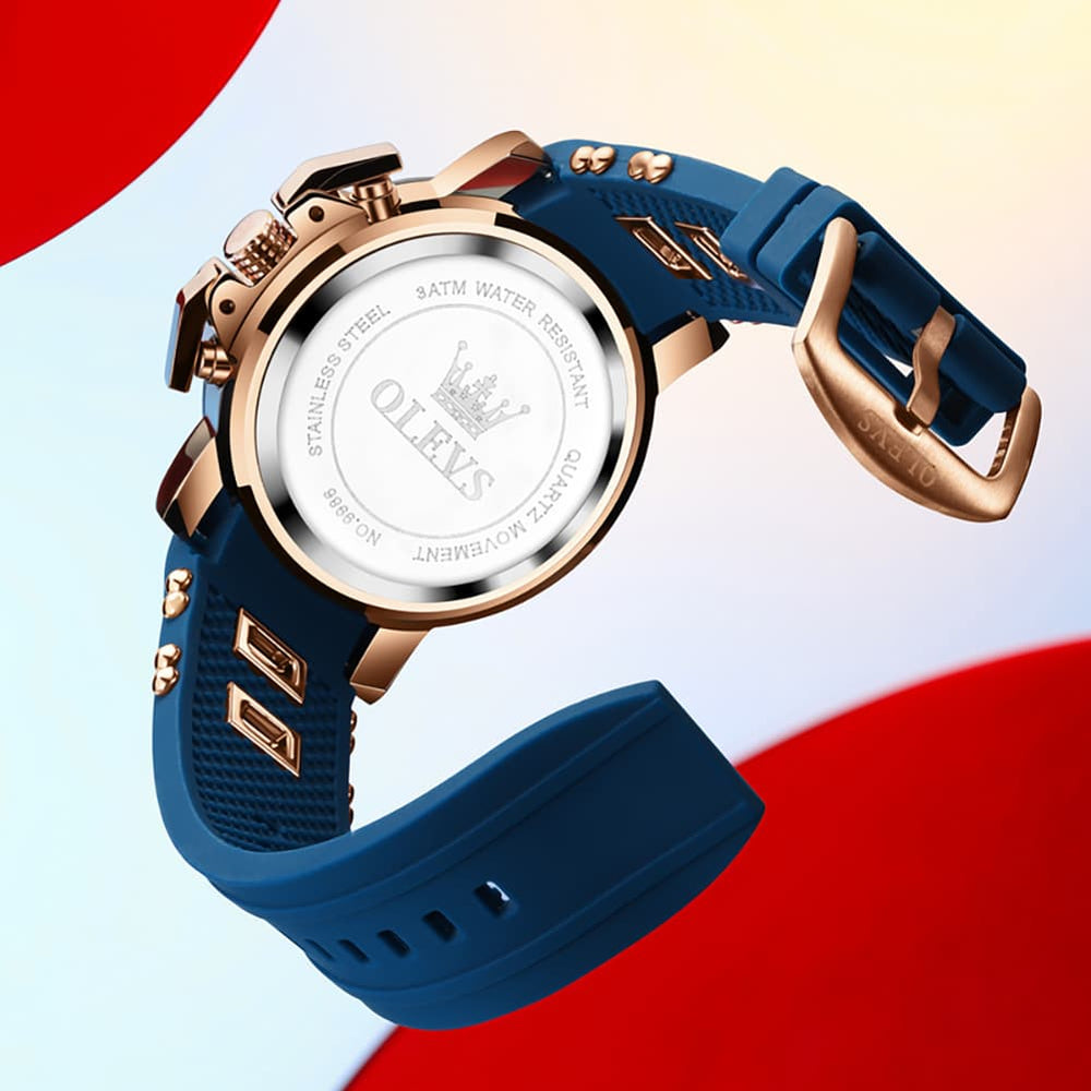 OLEVS 9986 Oversized Chronograph Silicone Strap Watch for Men - Rose Gold Black Watch | Olevs Watch Store