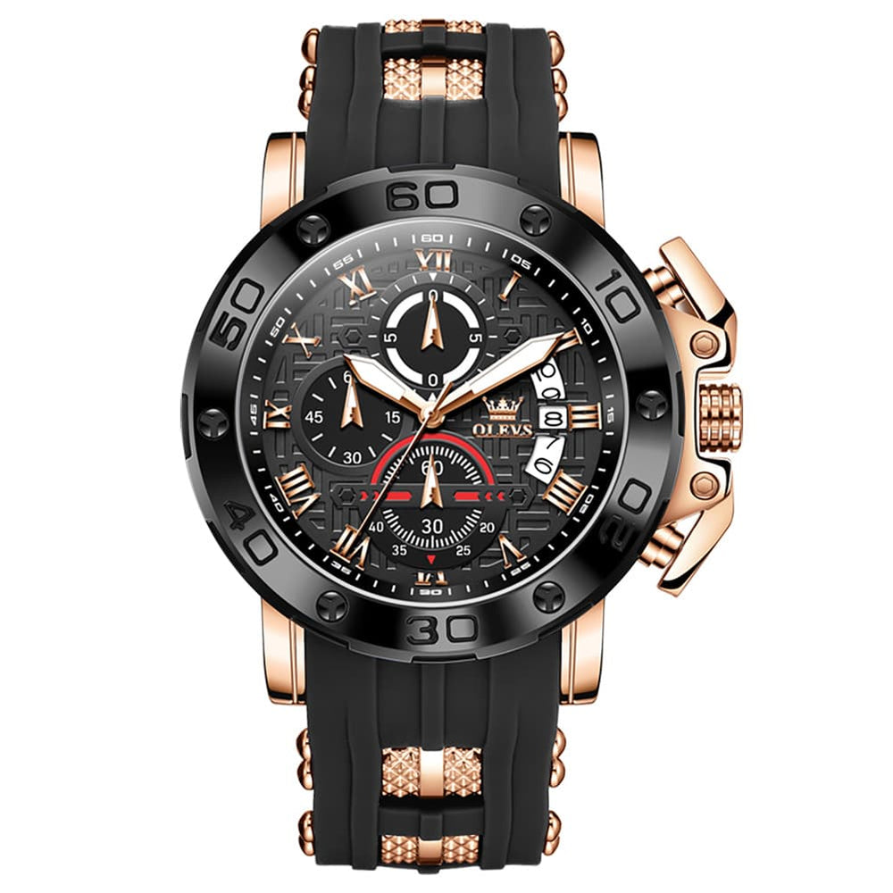 OLEVS 9986 Oversized Chronograph Silicone Strap Watch for Men - Rose Gold Black Watch | Olevs Watch Store