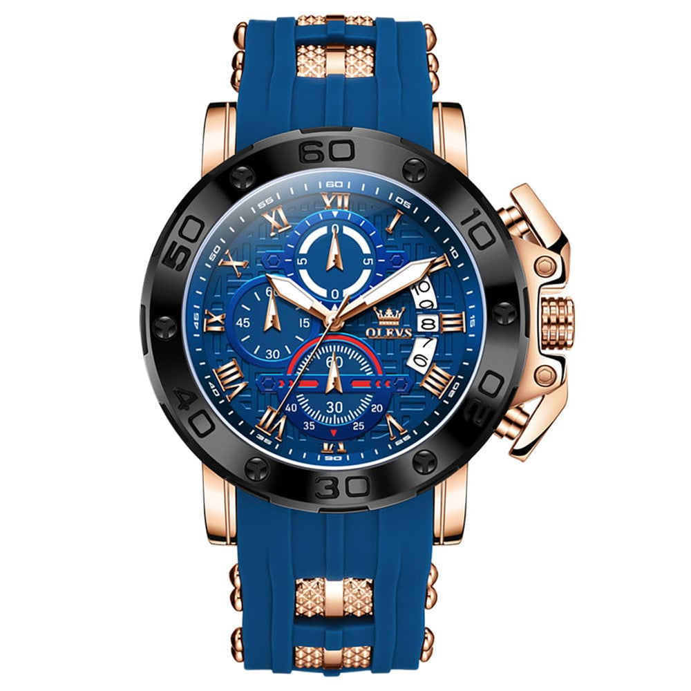 OLEVS 9986 Oversized Chronograph Silicone Strap Watch for Men - Rose Gold Blue Watch | Olevs Watch Store