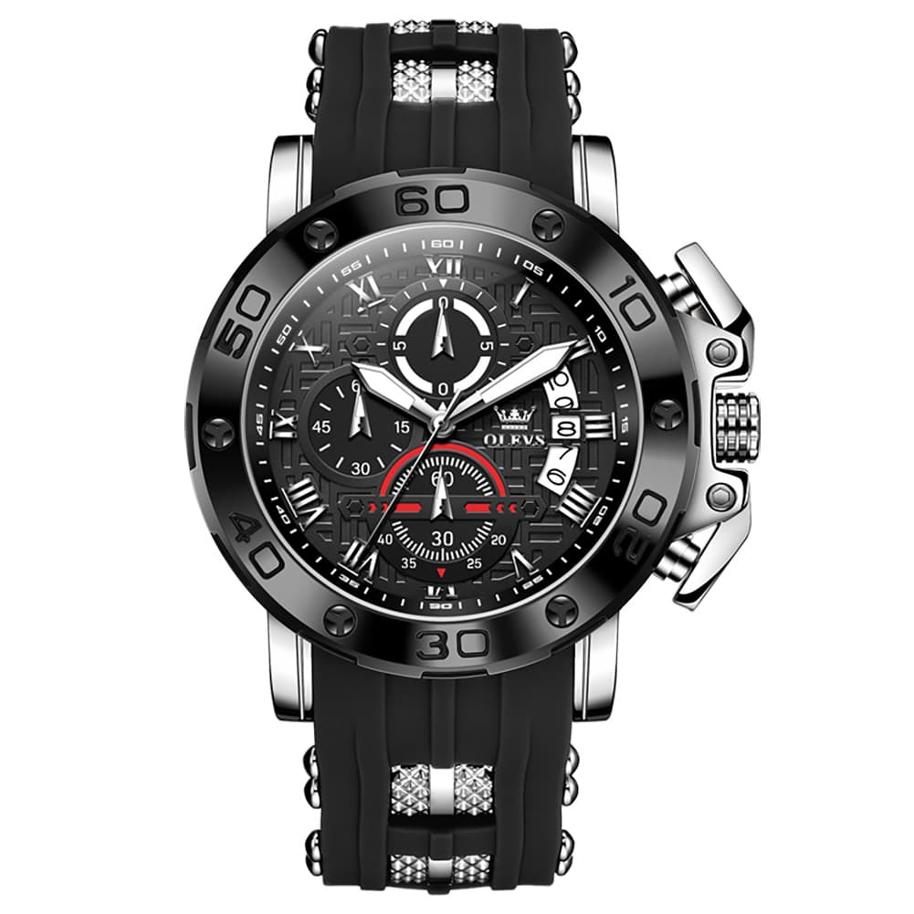 OLEVS 9986 Oversized Chronograph Silicone Strap Watch for Men - Silver Black Watch | Olevs Watch Store