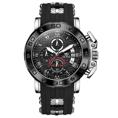 OLEVS 9986 Oversized Chronograph Silicone Strap Watch for Men - Silver Black Watch | Olevs Watch Store