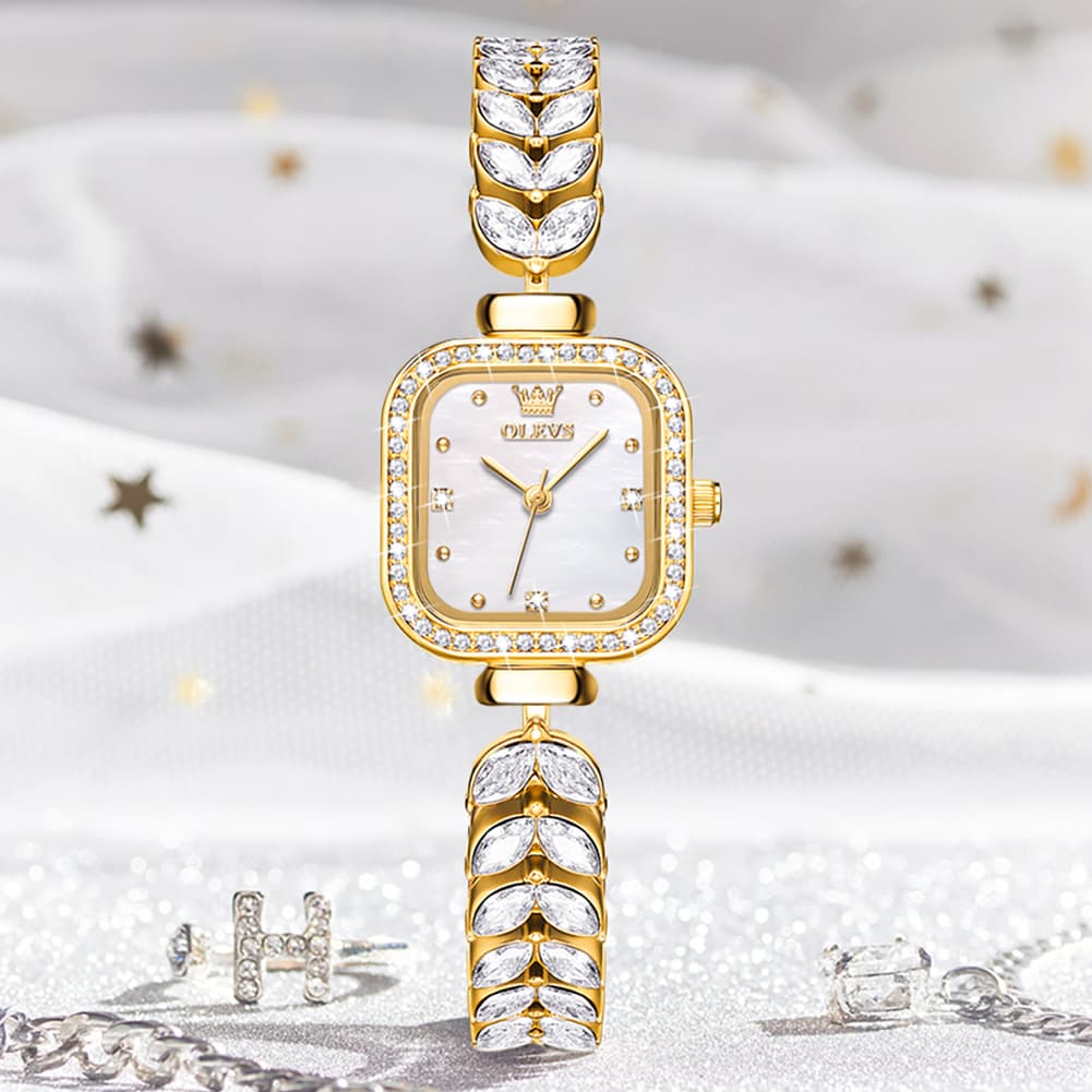 OLEVS 9987 Mermaid Crystal Bracelet Square Watch for Women - Yellow Gold Watch | Olevs Watch Store