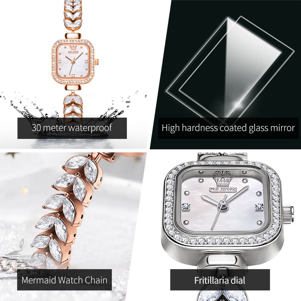 OLEVS 9987 Mermaid Crystal Bracelet Square Watch for Women - Yellow Gold Watch | Olevs Watch Store