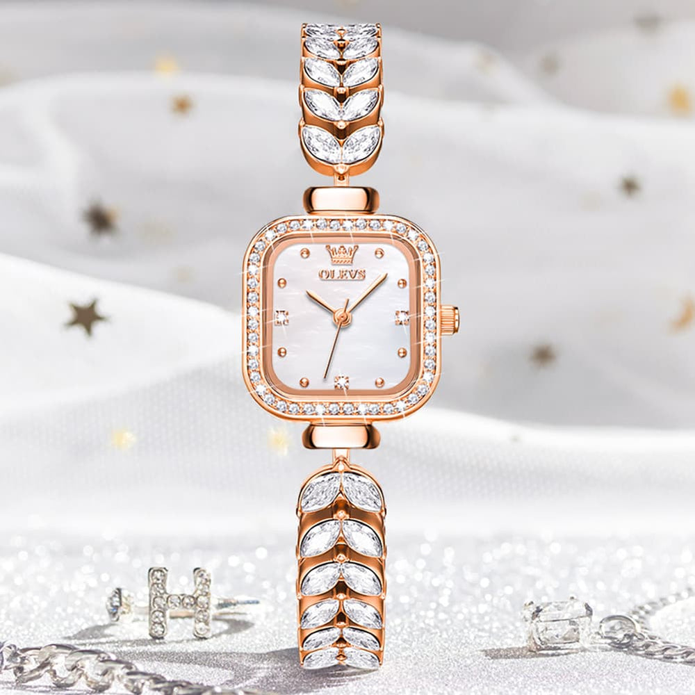 OLEVS 9987 Mermaid Crystal Bracelet Square Watch for Women - Yellow Gold Watch | Olevs Watch Store