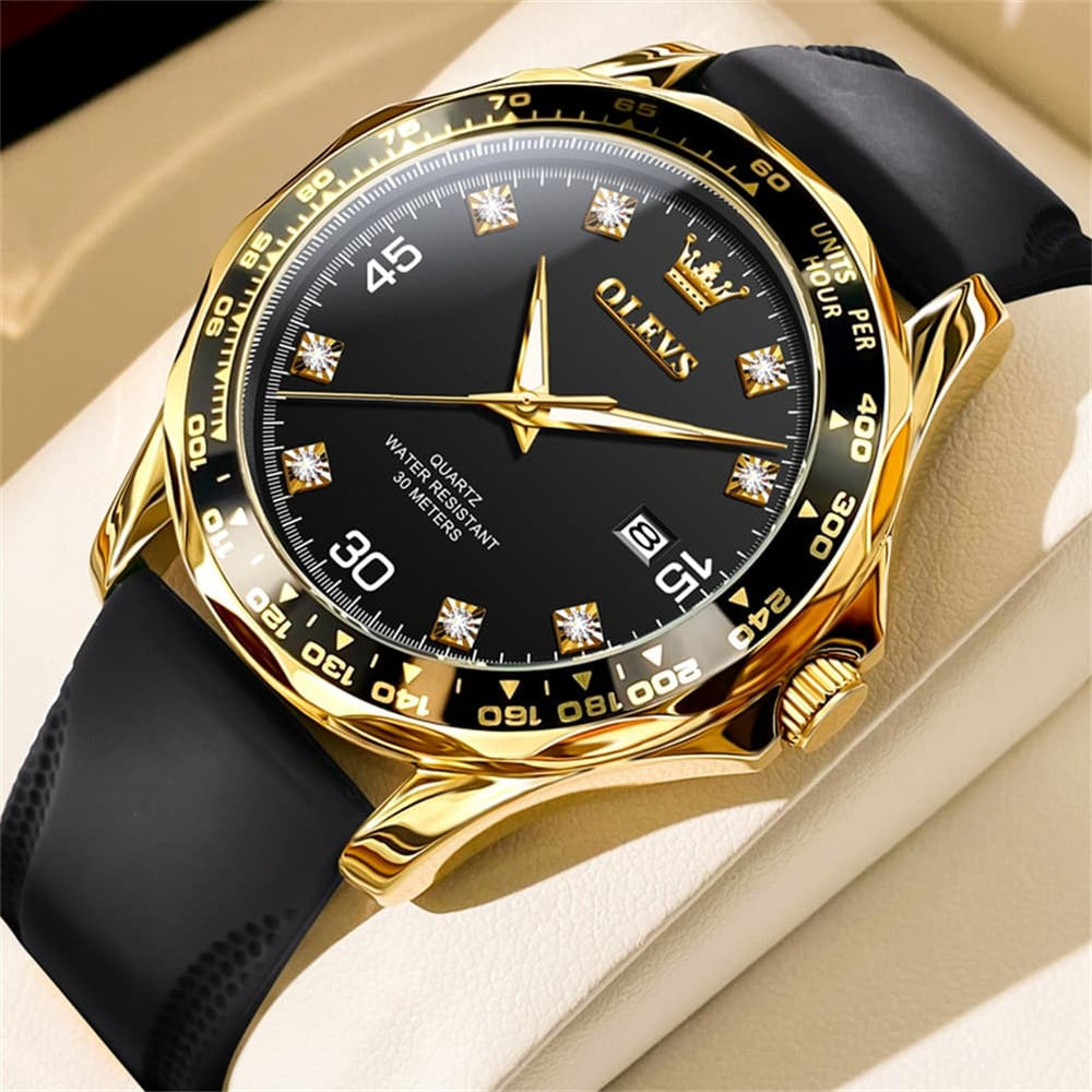 OLEVS 9988 Luxury Green Dial Quartz Dress Watch for Men - Gold Black Silicone Watch | Olevs Watch Store