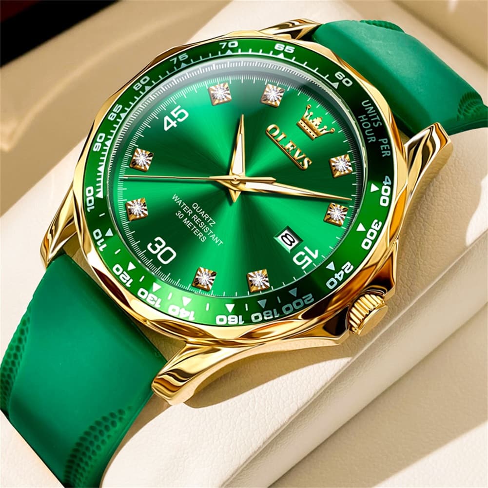 OLEVS 9988 Luxury Green Dial Quartz Dress Watch for Men - Gold Green Silicone Watch | Olevs Watch Store