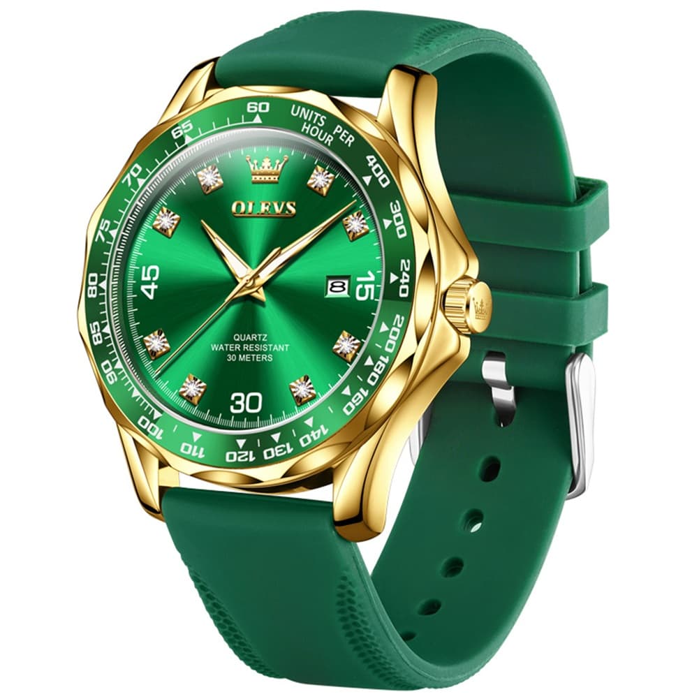 OLEVS 9988 Luxury Green Dial Quartz Dress Watch for Men - Silver Black Silicone Watch | Olevs Watch Store