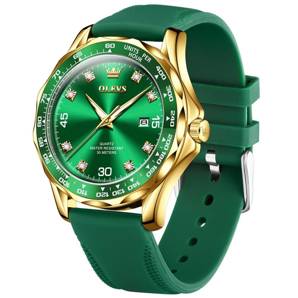 OLEVS 9988 Luxury Green Dial Quartz Dress Watch for Men - Silver Black Silicone Watch | Olevs Watch Store