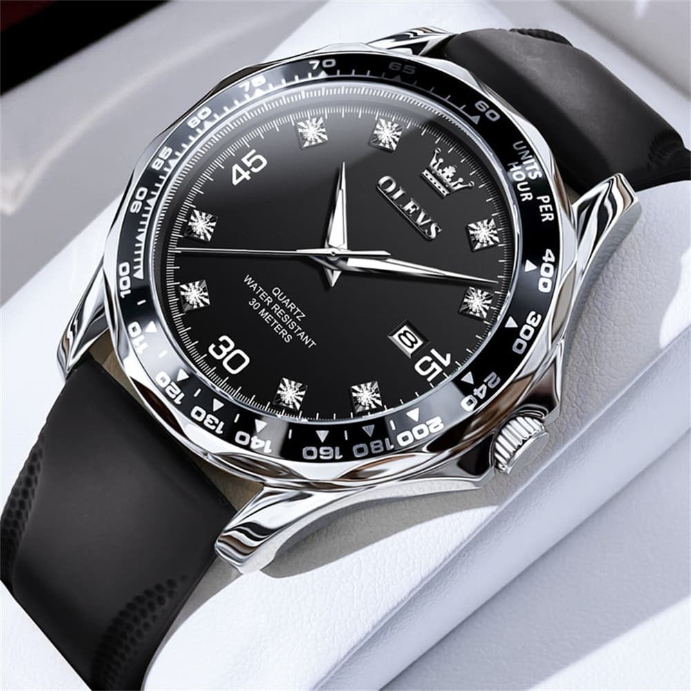 OLEVS 9988 Luxury Green Dial Quartz Dress Watch for Men - Silver Black Silicone Watch | Olevs Watch Store