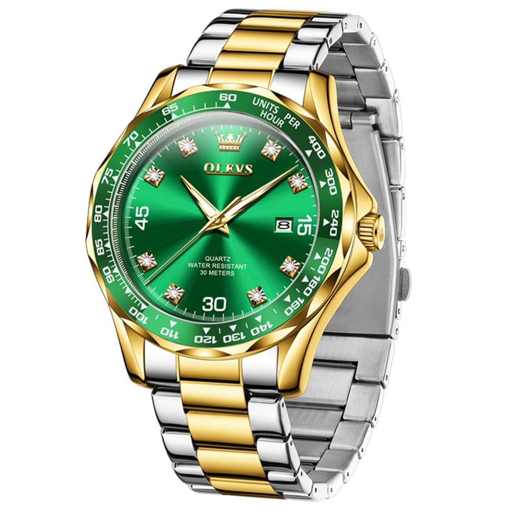 OLEVS 9988 Luxury Green Dial Quartz Dress Watch for Men - Silver Black Silicone Watch | Olevs Watch Store