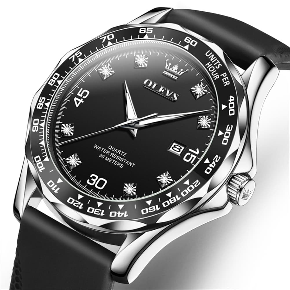 OLEVS 9988 Luxury Green Dial Quartz Dress Watch for Men - Silver Black Silicone Watch | Olevs Watch Store