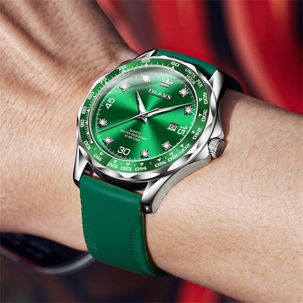OLEVS 9988 Luxury Green Dial Quartz Dress Watch for Men - Silver Black Silicone Watch | Olevs Watch Store