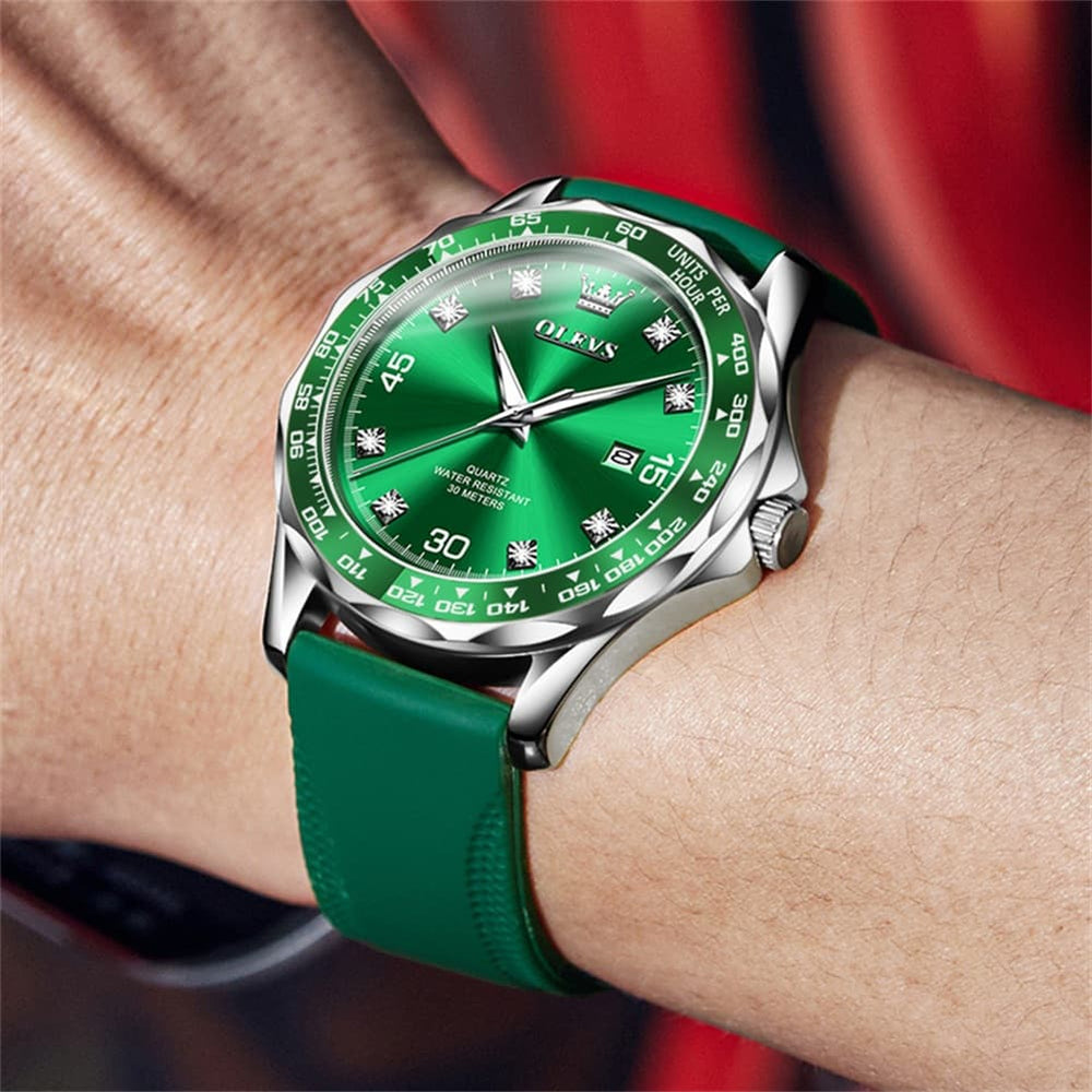 OLEVS 9988 Luxury Green Dial Quartz Dress Watch for Men - Silver Black Silicone Watch | Olevs Watch Store