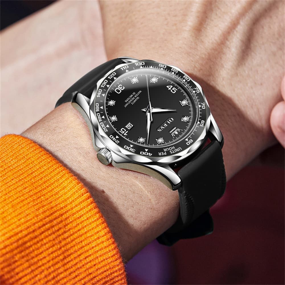 OLEVS 9988 Luxury Green Dial Quartz Dress Watch for Men - Silver Black Silicone Watch | Olevs Watch Store
