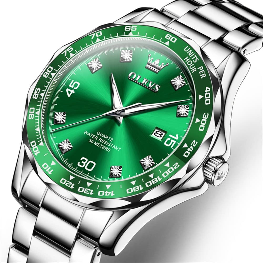 OLEVS 9988 Luxury Green Dial Quartz Dress Watch for Men - Silver Black Silicone Watch | Olevs Watch Store