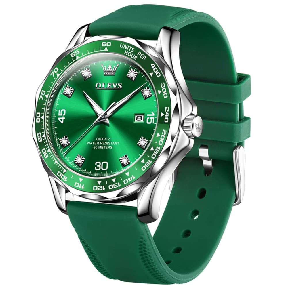 OLEVS 9988 Luxury Green Dial Quartz Dress Watch for Men - Silver Black Silicone Watch | Olevs Watch Store