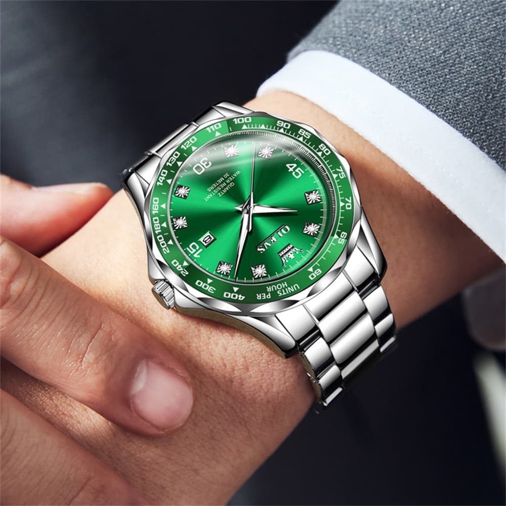 OLEVS 9988 Luxury Green Dial Quartz Dress Watch for Men - Silver Black Silicone Watch | Olevs Watch Store