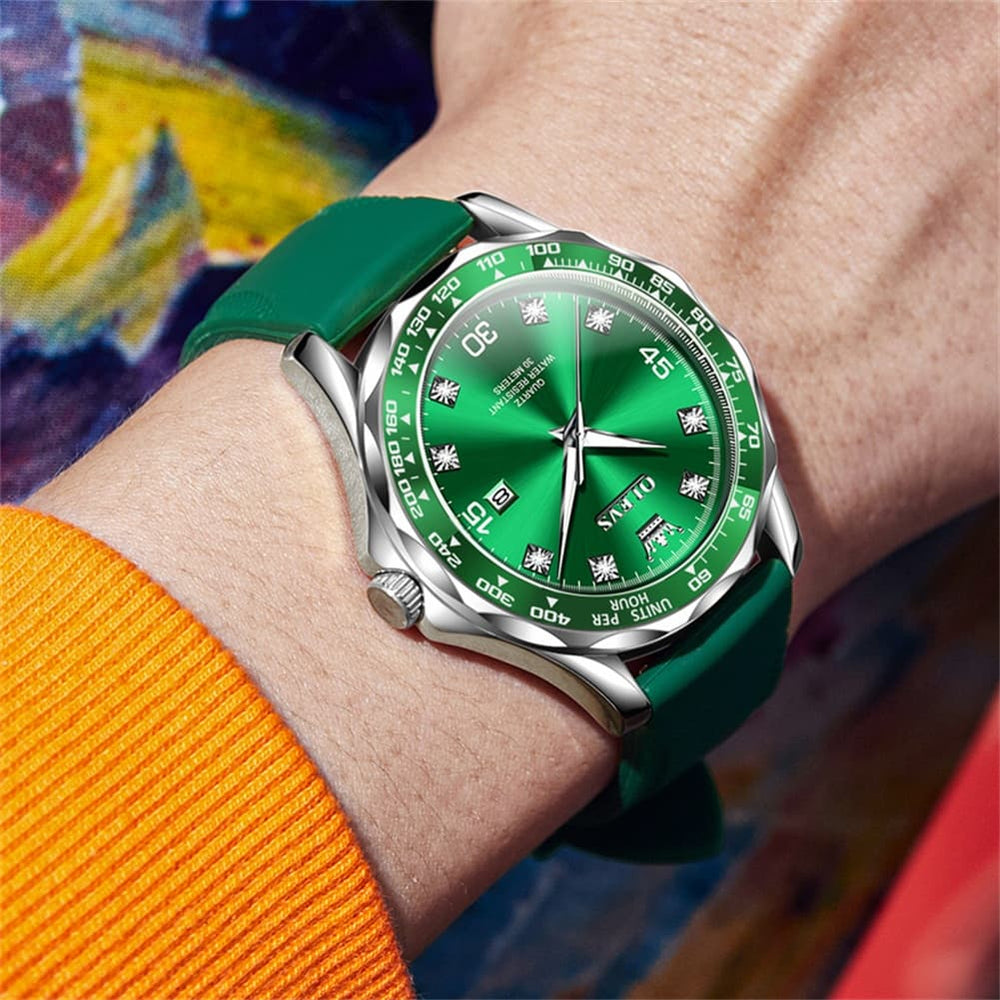 OLEVS 9988 Luxury Green Dial Quartz Dress Watch for Men - Silver Black Silicone Watch | Olevs Watch Store