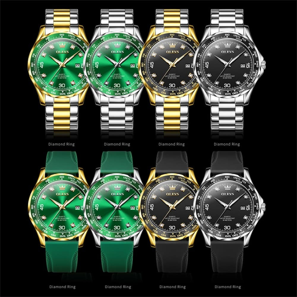 OLEVS 9988 Luxury Green Dial Quartz Dress Watch for Men - Silver Black Silicone Watch | Olevs Watch Store