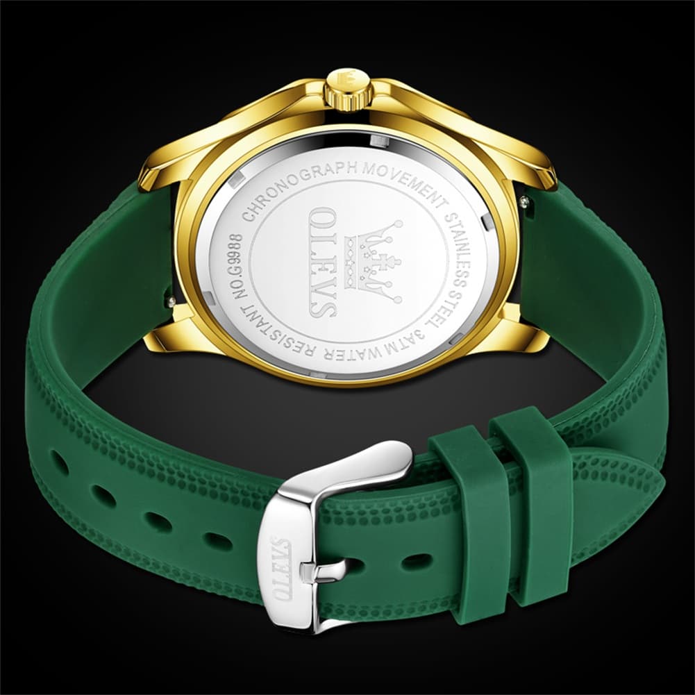 OLEVS 9988 Luxury Green Dial Quartz Dress Watch for Men - Silver Black Silicone Watch | Olevs Watch Store