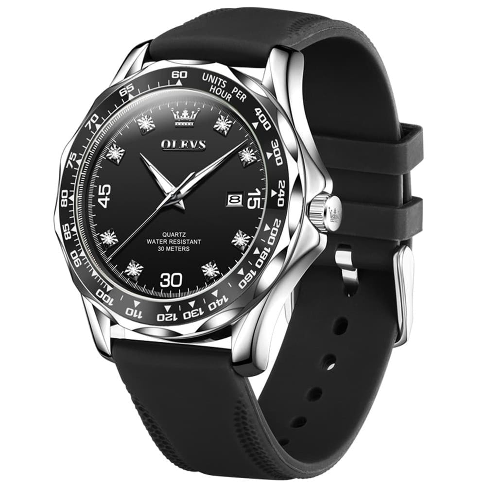 OLEVS 9988 Luxury Green Dial Quartz Dress Watch for Men - Silver Black Silicone Watch | Olevs Watch Store
