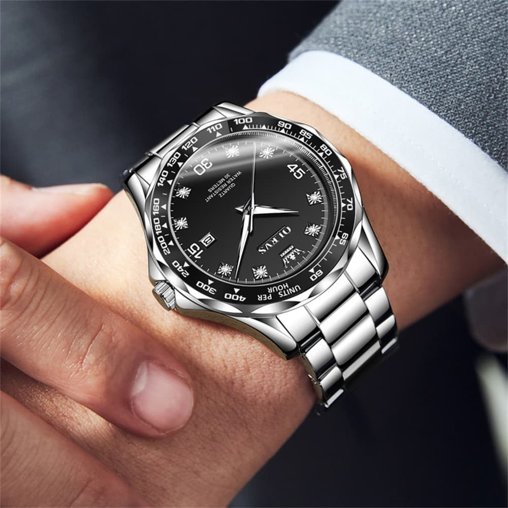 OLEVS 9988 Luxury Green Dial Quartz Dress Watch for Men - Silver Black Silicone Watch | Olevs Watch Store