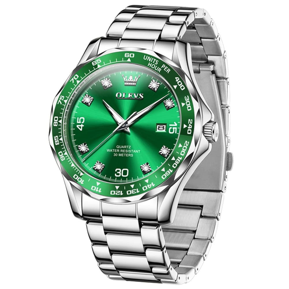 OLEVS 9988 Luxury Green Dial Quartz Dress Watch for Men - Silver Black Silicone Watch | Olevs Watch Store