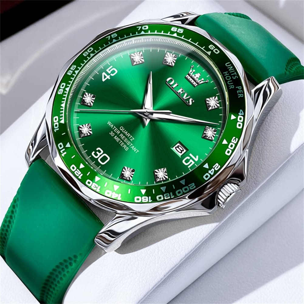 OLEVS 9988 Luxury Green Dial Quartz Dress Watch for Men - Silver Green Silicone Watch | Olevs Watch Store