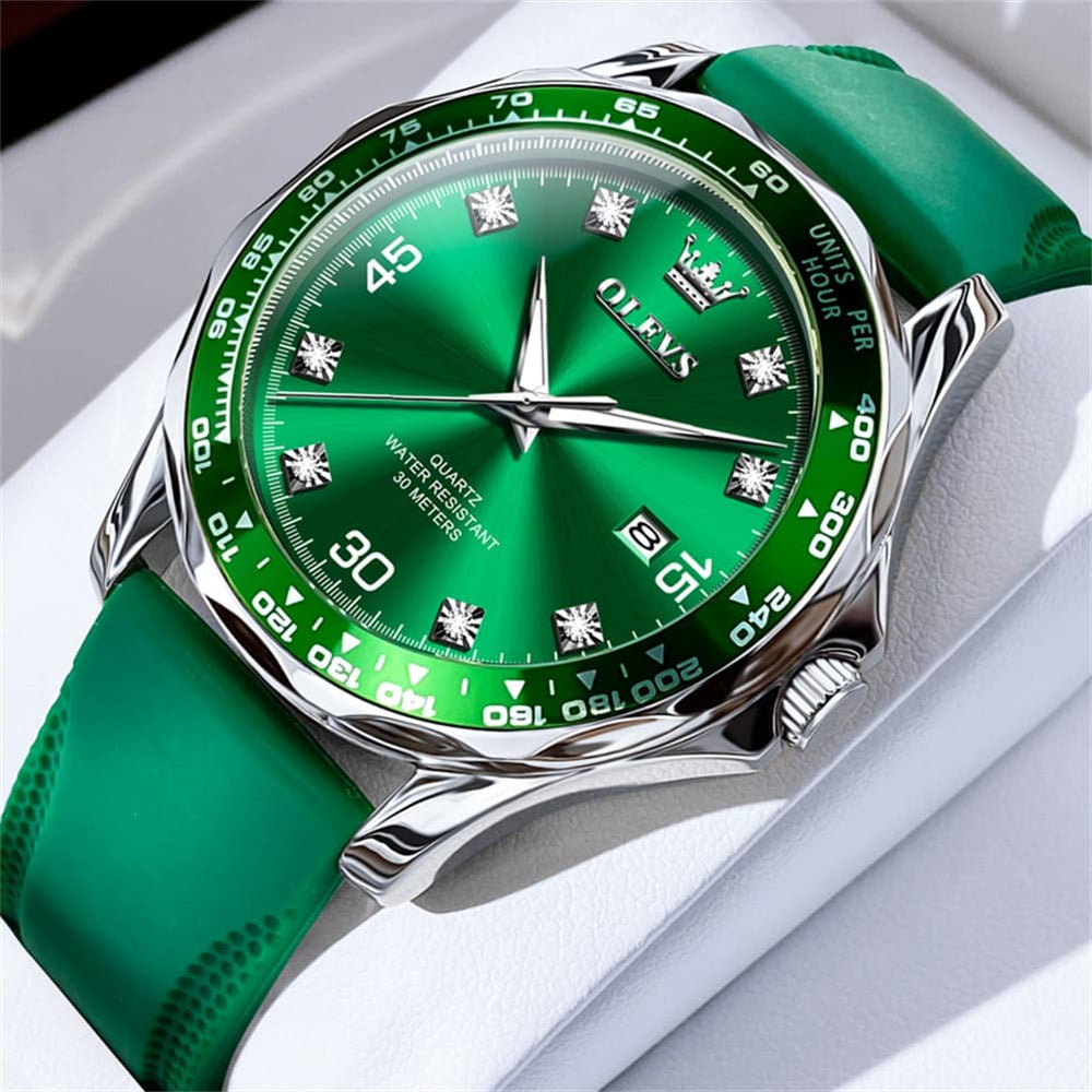 OLEVS 9988 Luxury Green Dial Quartz Dress Watch for Men - Silver Green Silicone Watch | Olevs Watch Store